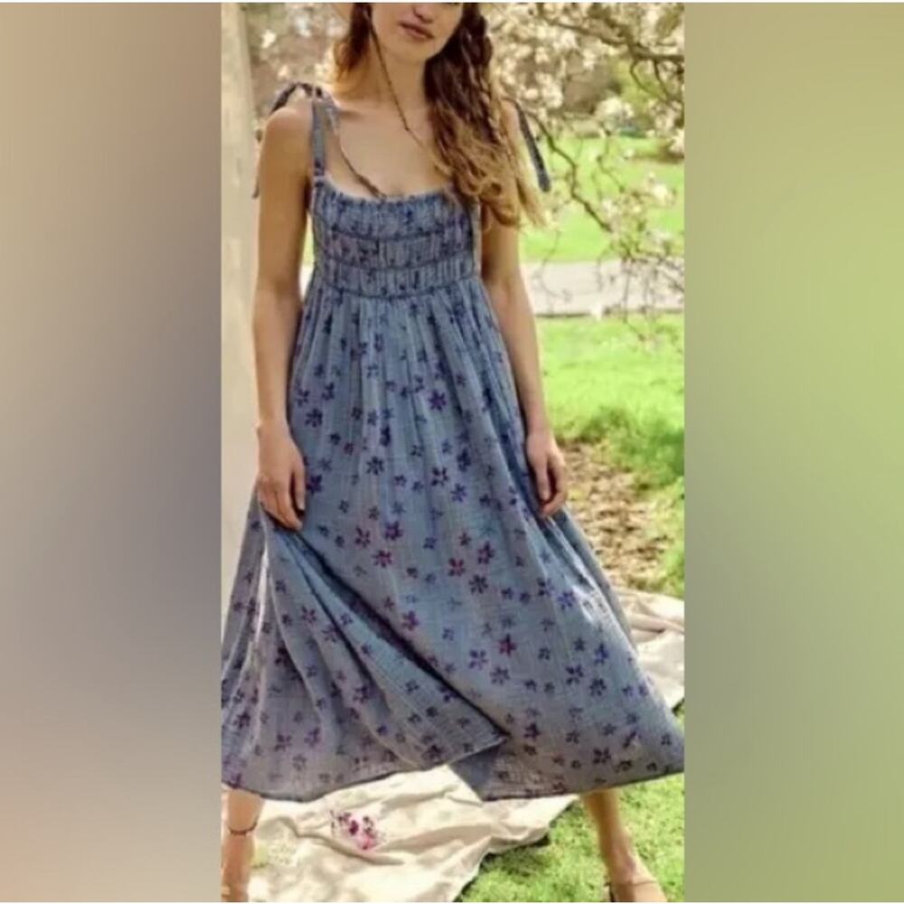 Free People Azure Lilac Floral Smocked Cotton Midi Dress XS NWT Boho